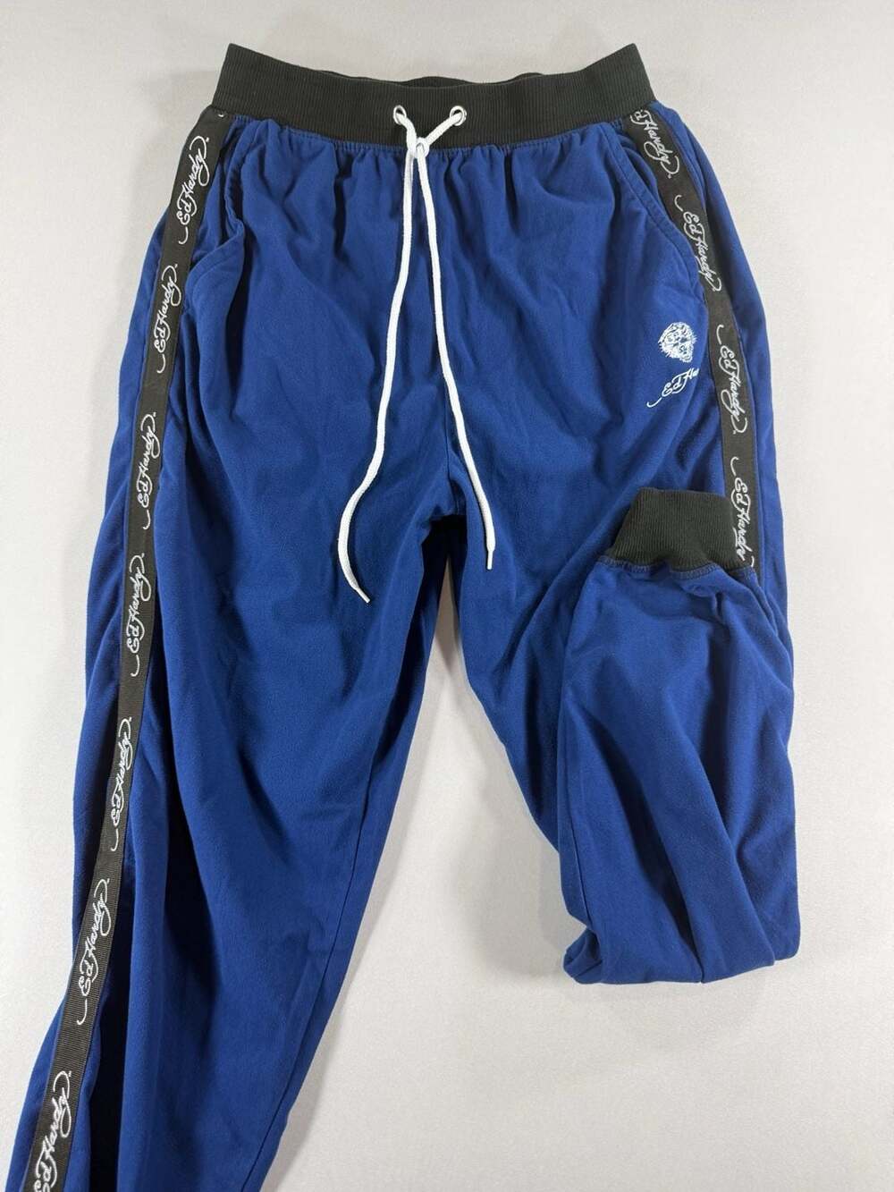 Ed Hardy Blue Silky Fleece Lounge Athletic Pants with Logo Tape Soft Y2k pants m
